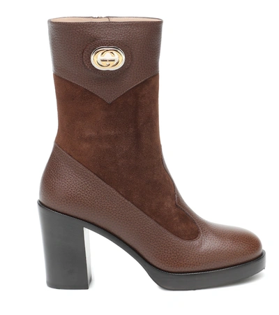 Shop Gucci Rosie Leather And Suede Ankle Boots In Brown