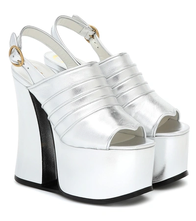 Shop Gucci Metallic Leather Platform Sandals In Silver