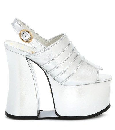 Shop Gucci Metallic Leather Platform Sandals In Silver