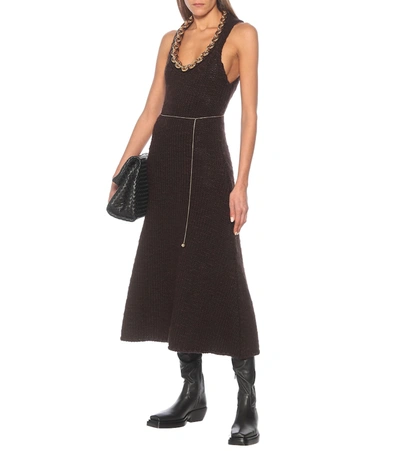 Shop Bottega Veneta Chain-trimmed Wool-blend Midi Dress In Brown