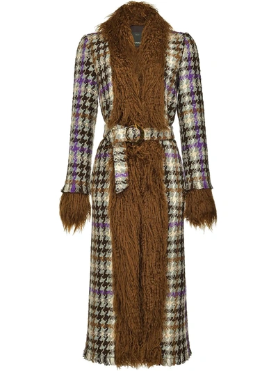 Shop Pinko Fur-panelled Houndstooth Coat In Brown