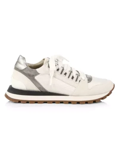 Shop Brunello Cucinelli Suede Double Tie Chunky Runners In White