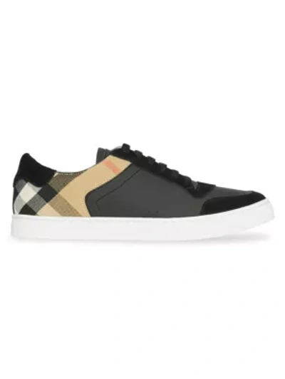 Shop Burberry Reeth Low-top Check Detail Leather Sneakers In Black