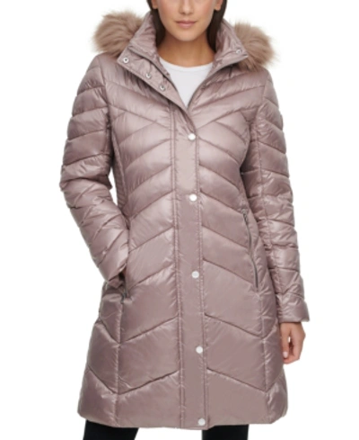 Shop Kenneth Cole Petite Faux-fur-trim Hooded Puffer Coat In Taupe
