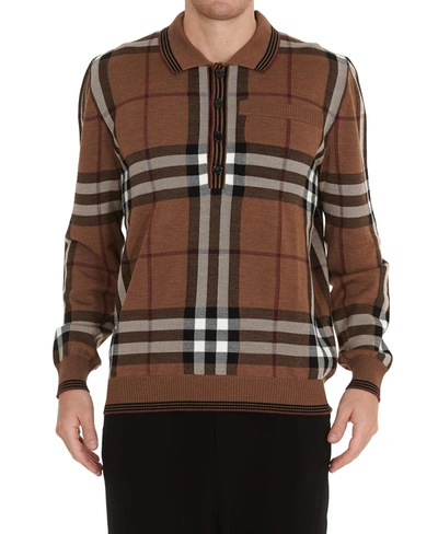 Shop Burberry Check Intarsia Wool Polo Shirt In Brown