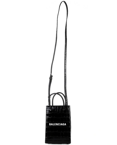 Shop Balenciaga Black Croc Shopping Phone Holder Bag