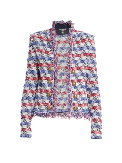 Shop Balmain Fringe Tweed Jacket In Multi