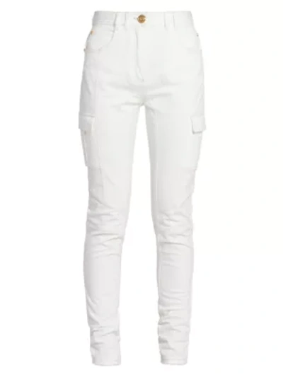 Shop Balmain Women's High-rise Paneled Skinny Jeans In White