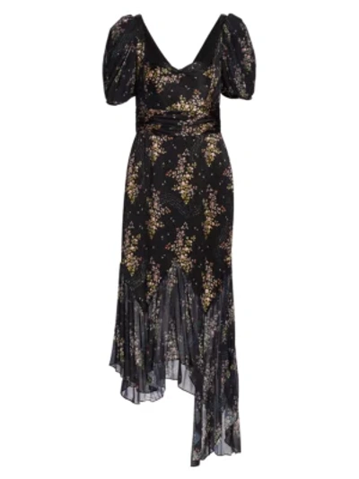 Shop Amur Destiny Puff-sleeve Floral Midi Dress In Black