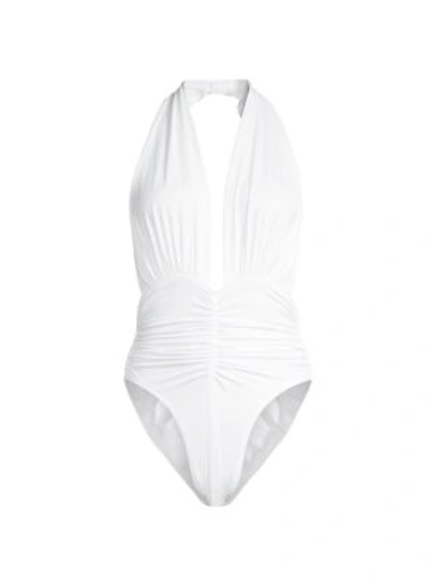 Shop Norma Kamali Women's Marissa Halter Slinky One-piece Swimsuit In White Lame