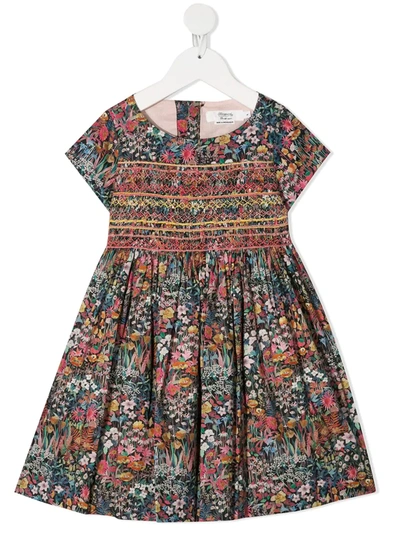 Shop Bonpoint Floral Print Dress With Smock And Embroidery Detail In Blue