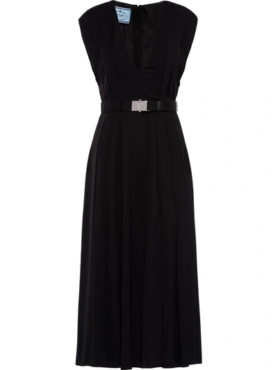 Shop Prada Belted Pleated Midi Dress In Black