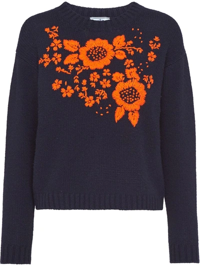 Shop Prada Floral-embroidered Knitted Jumper In Blue
