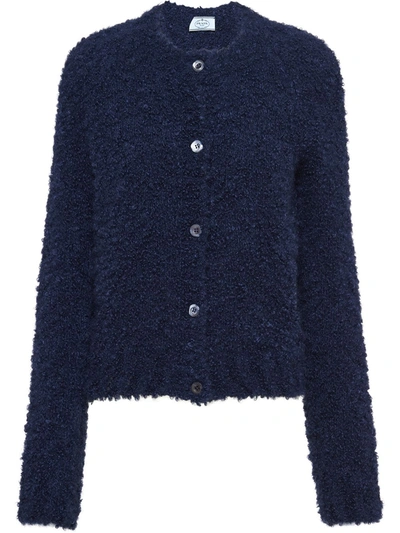 Shop Prada Textured Knitted Cardigan In Blue