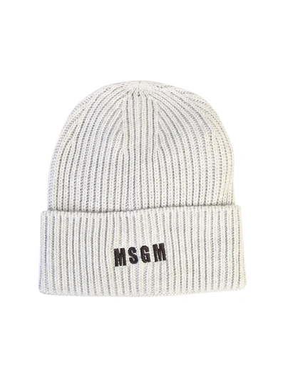 Shop Msgm Ribbed Knit Beanie Hat In Grey