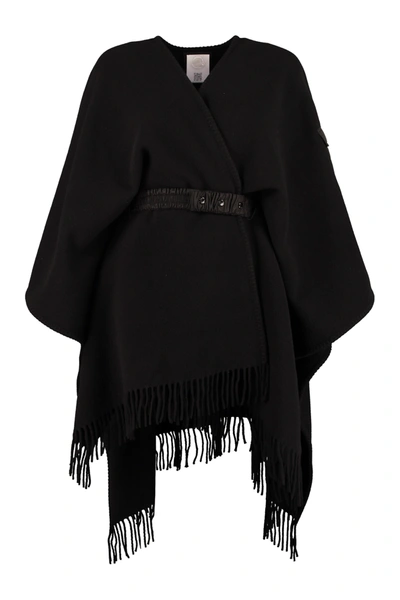 Shop Moncler Wool Fringed Cape In Black