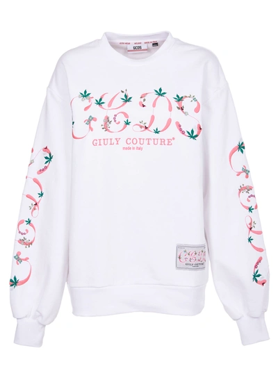 Shop Gcds White Sweatshirt With Floreal Logo Embroidery
