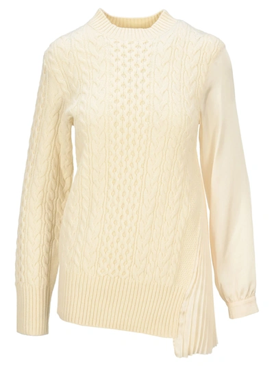 Shop Sacai Cable Knit Pleated Jumper In Off White Ecru