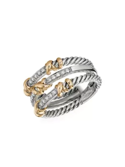 Shop David Yurman Helena 3-station Ring With 18k Yellow Gold & Diamonds In Silver