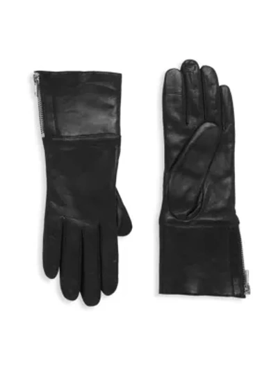 Shop Carolina Amato Touch Tech Leather & Shearling Gloves In Black