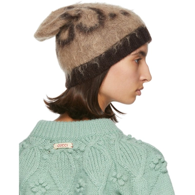 Shop Gucci Beige Mohair Gg Beanie In Beige/dark Brown