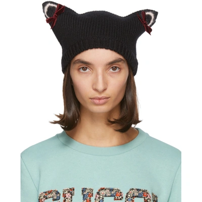 Shop Gucci Black Wool Cat Ears Beanie In 1000 Black
