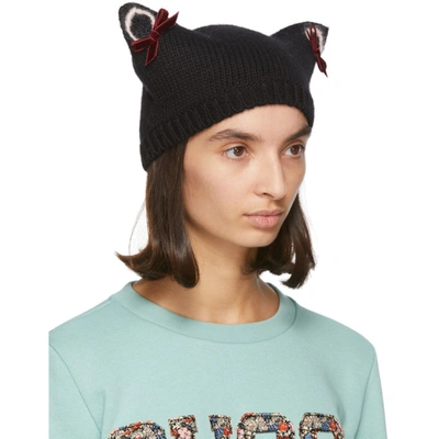 Shop Gucci Black Wool Cat Ears Beanie In 1000 Black