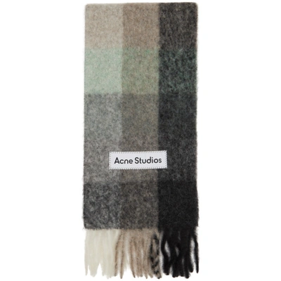 Shop Acne Studios Green And Grey Check Scarf In Green/grey/