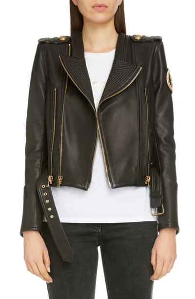 Shop Balmain Epaulet Crop Leather Jacket In Noir