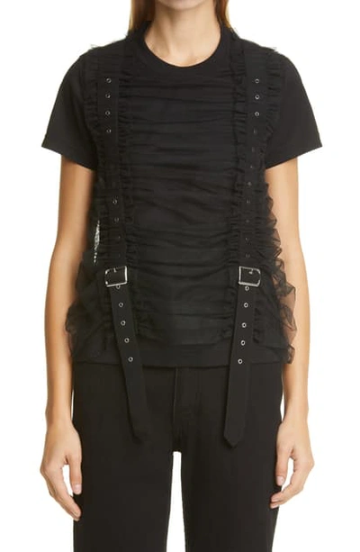 Shop Noir Kei Ninomiya Suspender Detail Ruched Tulle Front T-shirt In Black