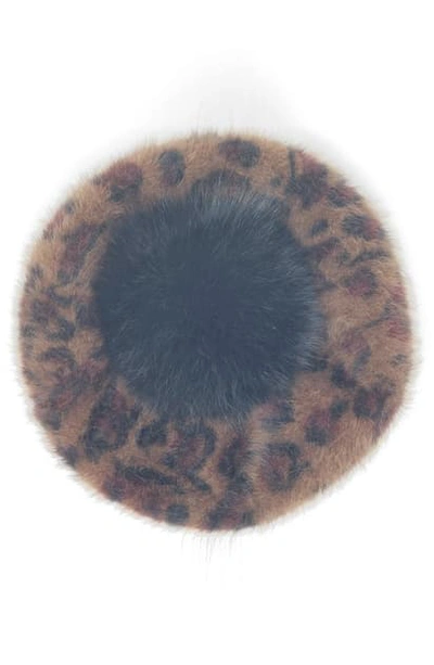 Shop Kyi Kyi Genuine Fox Fur Pom Beret In Leopard W Black Pom