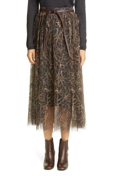 Shop Brunello Cucinelli Belted Floral Embroidered Tulle Midi Skirt In Volcano