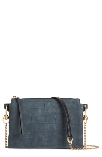 Shop Allsaints Fletcher Croc Embossed Leather Crossbody Bag In Petrol Blue