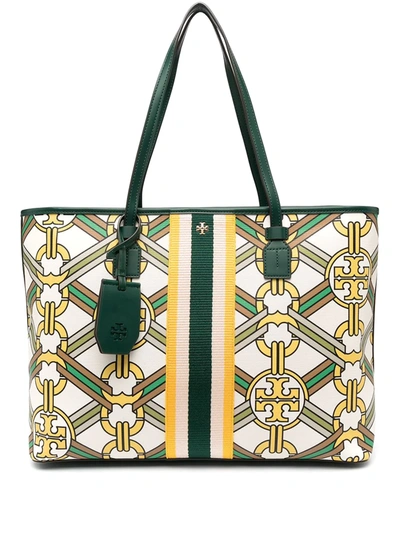 Shop Tory Burch Chain-print Faux Leather Tote Bag In Neutrals