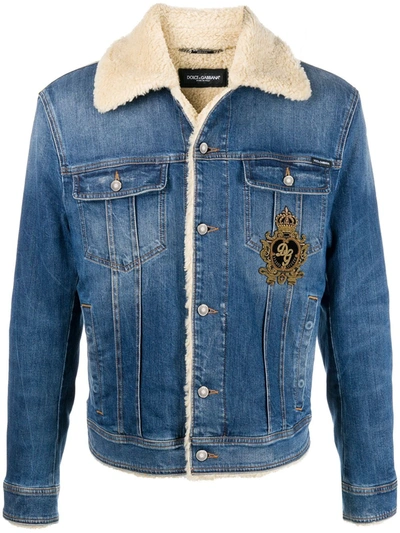 Shop Dolce & Gabbana Dg King Shearling-lined Denim Jacket In Blue