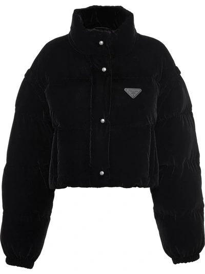 Prada Velvet Cropped Puffer Jacket W/ Detachable Sleeves In Black | ModeSens