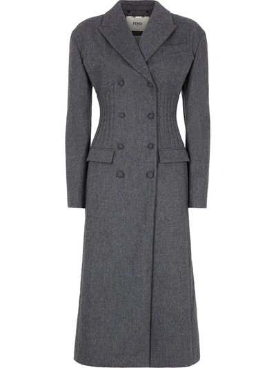 Shop Fendi Corset-effect Double-breasted Coat In Grey