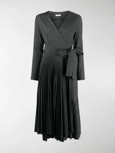 Shop P.a.r.o.s.h Long Sleeved Pleated Wrap Dress In Grey