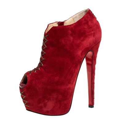 Pre-owned Christian Louboutin Red Suede Recouzetta Peep Toe Platform Ankle Boots Size 36.5