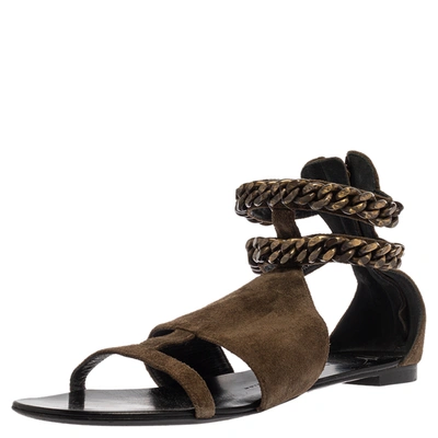 Pre-owned Giuseppe Zanotti Green Suede Chained Ankle Strap Flat Sandals Size 40
