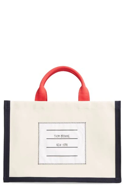 Shop Thom Browne Name Tag Canvas Top Handle Tote In Off White