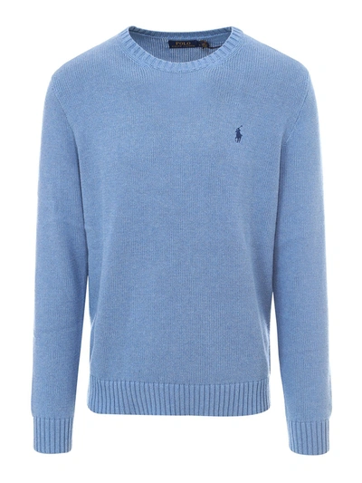 Shop Polo Ralph Lauren Embroidered Logo Cotton Sweater In Light Blue