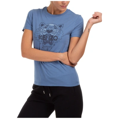 Shop Kenzo Women's T-shirt Short Sleeve Crew Neck Round Tiger In Light Blue