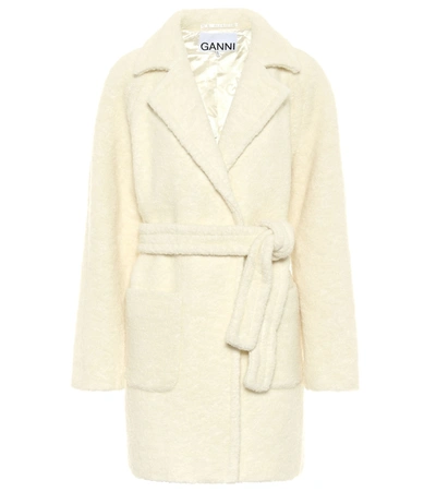 Ganni Boucle Wool-blend Belted Coat In White | ModeSens
