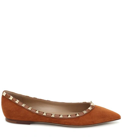 Shop Valentino Rockstud Suede Ballet Flats In Brown