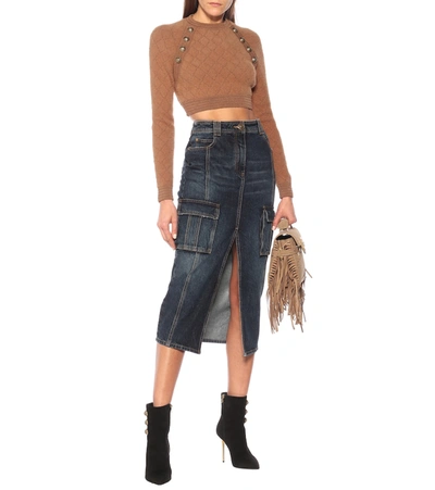 Shop Balmain High-rise Denim Pencil Skirt In Blue