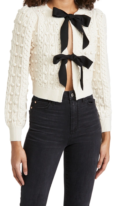 Shop Alice And Olivia Kitty Puff Sleeve Cardigan With Tie Bow In Soft White/black