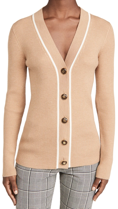 Tory Burch Simone Ribbed Merino Wool Blend Cardigan In Nude And Neutrals |  ModeSens