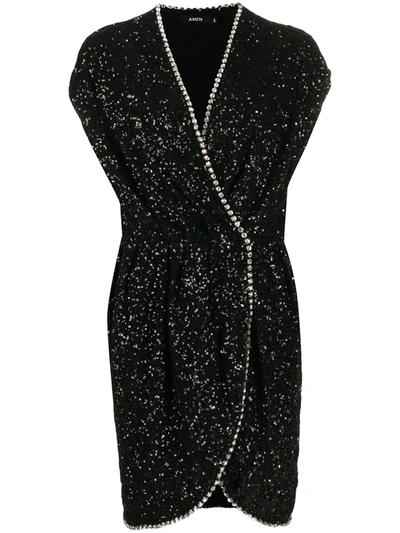 Shop Amen Embellished Sequin Mini Dress In Black