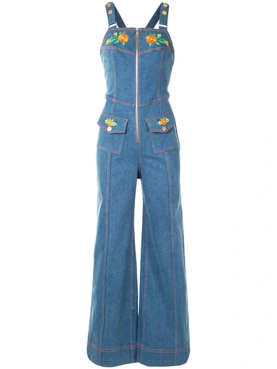 Shop Alice Mccall Winona Embroidered Denim Jumpsuit In Blue